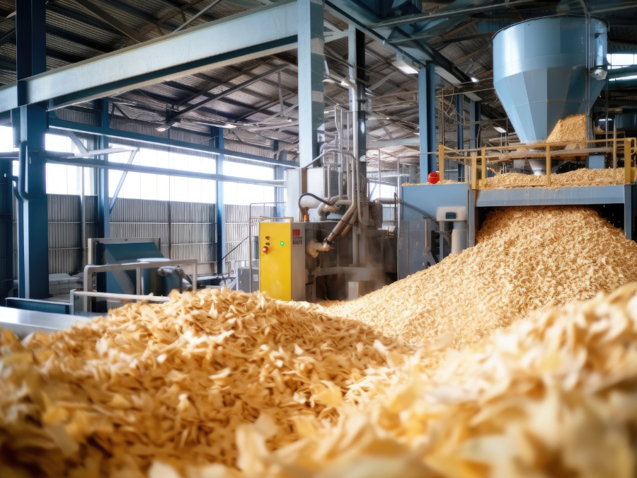 Produção de pellets de madeira de biomassa biocombustível na fábrica.